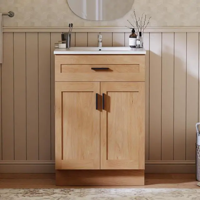 Main image of 24 Inch Bathroom Vanity with Sink, Modern Storage Cabinet, Contains White Sink and Soft-Closing Door, Spacious Bathroom Storage Space (Nature with Sink, 24 Inch)
