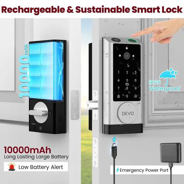 Alt view image 6 of 6 - G1 Rechargeable Keyless Entry Deadbolt- 6-in-1 Smart Lock with Camera & Doorbell, Wi-Fi Smart Door Lock for Front Door with Fingerprint, Auto Locks, App Remote Light Sliver