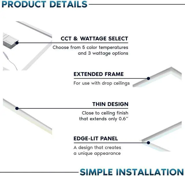 Alt view image 4 of 6 - 2x4 FT Edge-Lit Frame LED Panel Lights,5CCT Selectable 3000K-6500K, 2600/3900/5200LM,20W/30W/40W Switch Grid Drop Ceiling Lights,0-10V Dimmable,Damp Rated,100-277V,ETL Listed (2 x 4-6 Pack)