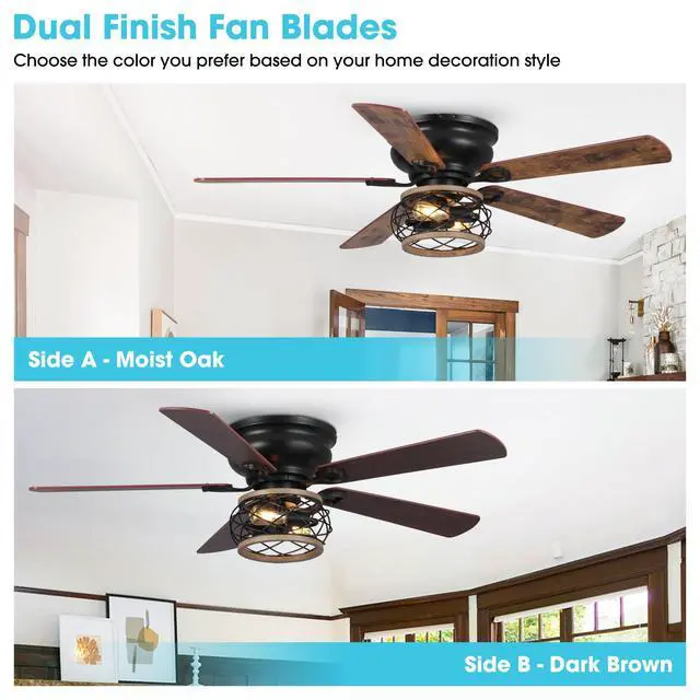 Alt view image 3 of 6 - Flush Mount Ceiling Fans with Lights and Remote, 48 Inch Farmhouse Ceiling Fan for Bedroom Living Room, Black Low Profile Outdoor Ceiling Fans for Patios, 3-Speed AC Motor, Reversible Airflow, Timer