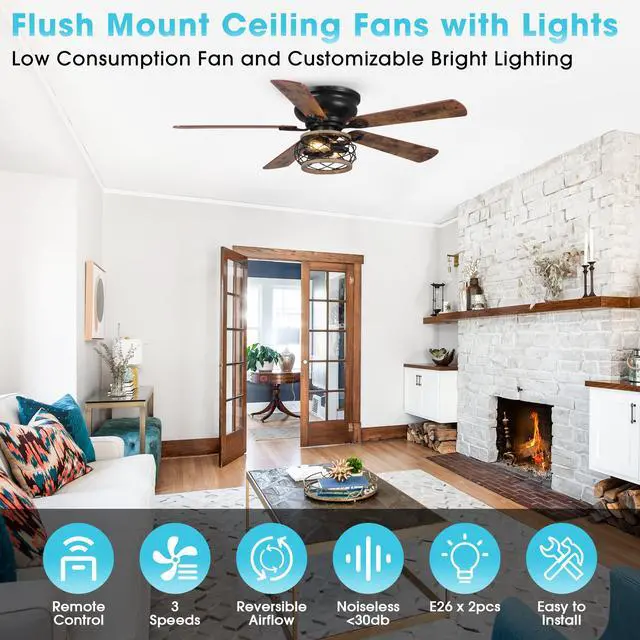 Alt view image 4 of 6 - Flush Mount Ceiling Fans with Lights and Remote, 48 Inch Farmhouse Ceiling Fan for Bedroom Living Room, Black Low Profile Outdoor Ceiling Fans for Patios, 3-Speed AC Motor, Reversible Airflow, Timer
