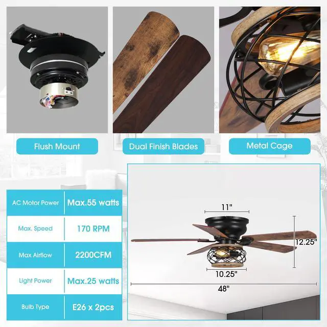 Alt view image 6 of 6 - Flush Mount Ceiling Fans with Lights and Remote, 48 Inch Farmhouse Ceiling Fan for Bedroom Living Room, Black Low Profile Outdoor Ceiling Fans for Patios, 3-Speed AC Motor, Reversible Airflow, Timer