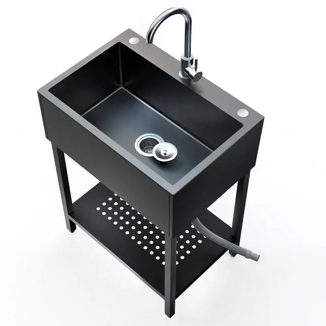 Main image of 26" Freestanding Stainless Steel Utility Sink, Single Bowl Kitchen Sinks w/Storage Shelve, Black Heavy Duty Sinks with Cold & Hot Water Pipe for Commercial Laundry Room Farmhouse, 12-Gallon Basin