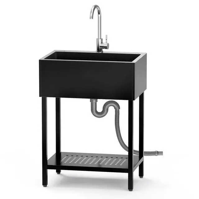 Alt view image 2 of 6 - 26" Freestanding Stainless Steel Utility Sink, Single Bowl Kitchen Sinks w/Storage Shelve, Black Heavy Duty Sinks with Cold & Hot Water Pipe for Commercial Laundry Room Farmhouse, 12-Gallon Basin