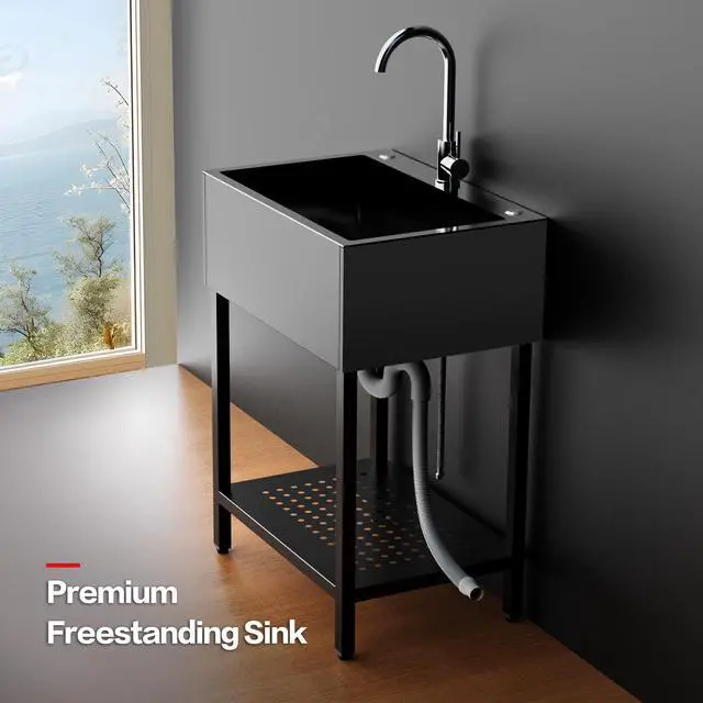 Alt view image 3 of 6 - 26" Freestanding Stainless Steel Utility Sink, Single Bowl Kitchen Sinks w/Storage Shelve, Black Heavy Duty Sinks with Cold & Hot Water Pipe for Commercial Laundry Room Farmhouse, 12-Gallon Basin