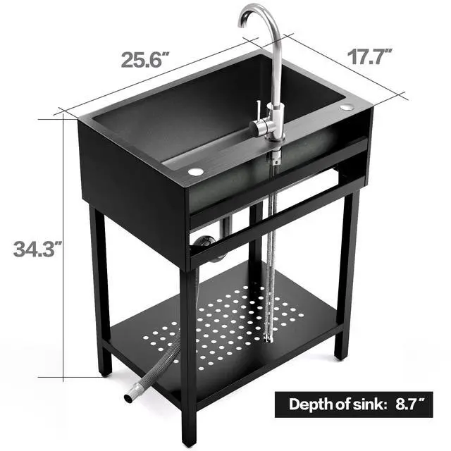Alt view image 4 of 6 - 26" Freestanding Stainless Steel Utility Sink, Single Bowl Kitchen Sinks w/Storage Shelve, Black Heavy Duty Sinks with Cold & Hot Water Pipe for Commercial Laundry Room Farmhouse, 12-Gallon Basin