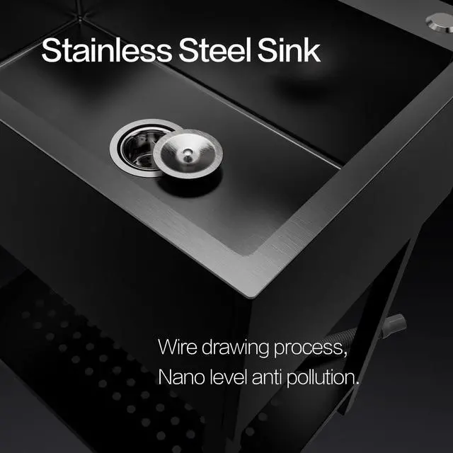 Alt view image 5 of 6 - 26" Freestanding Stainless Steel Utility Sink, Single Bowl Kitchen Sinks w/Storage Shelve, Black Heavy Duty Sinks with Cold & Hot Water Pipe for Commercial Laundry Room Farmhouse, 12-Gallon Basin