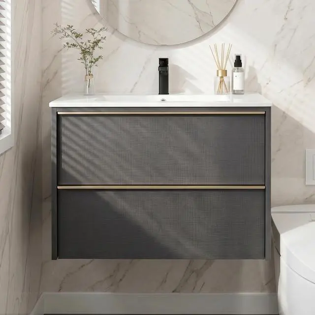 Main image of 30 Inch Bathroom Vanity with Sink Combo, Modern Floating Bathroom Vanity with 2 Soft Close Drawers, Wooden Wall Mounted Cabinet with Large Storage and Metal Handles for Small Spaces, Gray