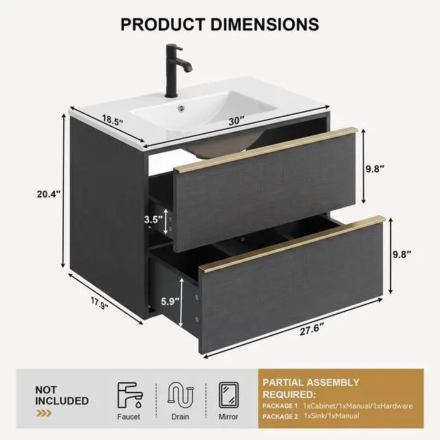 Alt view image 2 of 6 - 30 Inch Bathroom Vanity with Sink Combo, Modern Floating Bathroom Vanity with 2 Soft Close Drawers, Wooden Wall Mounted Cabinet with Large Storage and Metal Handles for Small Spaces, Gray