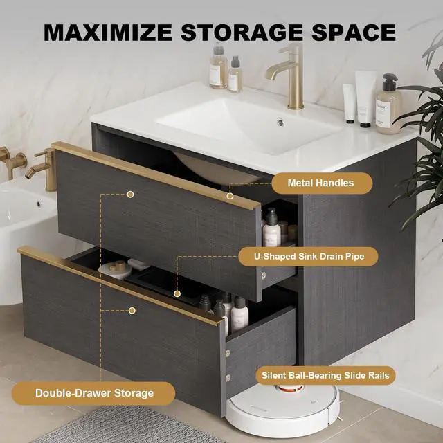 Alt view image 4 of 6 - 30 Inch Bathroom Vanity with Sink Combo, Modern Floating Bathroom Vanity with 2 Soft Close Drawers, Wooden Wall Mounted Cabinet with Large Storage and Metal Handles for Small Spaces, Gray