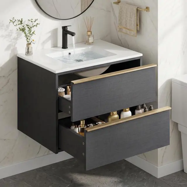 Alt view image 6 of 6 - 30 Inch Bathroom Vanity with Sink Combo, Modern Floating Bathroom Vanity with 2 Soft Close Drawers, Wooden Wall Mounted Cabinet with Large Storage and Metal Handles for Small Spaces, Gray