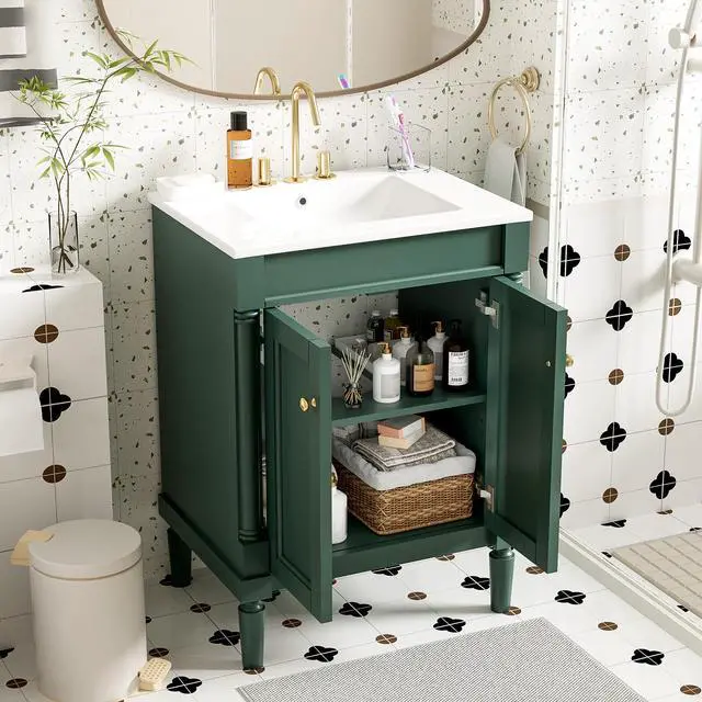 Alt view image 3 of 6 - 24 Inch Green Bathroom Vanity with Ceramic Sink & Intergrated Countertop,Vintage Bathroom Vanity with 2 Doors with Gold Knobs,Adjustable Shelf,Solid Wood Rome Pillar Legs