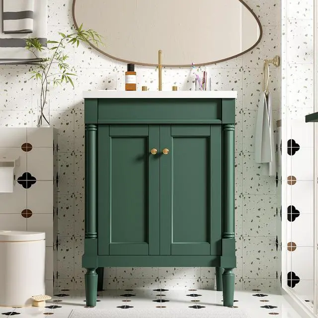 Alt view image 4 of 6 - 24 Inch Green Bathroom Vanity with Ceramic Sink & Intergrated Countertop,Vintage Bathroom Vanity with 2 Doors with Gold Knobs,Adjustable Shelf,Solid Wood Rome Pillar Legs
