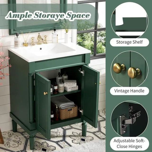 Alt view image 5 of 6 - 24 Inch Green Bathroom Vanity with Ceramic Sink & Intergrated Countertop,Vintage Bathroom Vanity with 2 Doors with Gold Knobs,Adjustable Shelf,Solid Wood Rome Pillar Legs