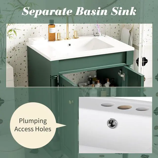 Alt view image 6 of 6 - 24 Inch Green Bathroom Vanity with Ceramic Sink & Intergrated Countertop,Vintage Bathroom Vanity with 2 Doors with Gold Knobs,Adjustable Shelf,Solid Wood Rome Pillar Legs