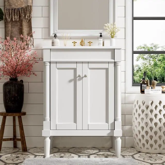 Main image of 24 Inch White Bathroom Vanity with Ceramic Sink & Intergrated Countertop,Vintage Bathroom Vanity with 2 Doors with Silver Knobs,Adjustable Shelf,Solid Wood Rome Pillar Legs