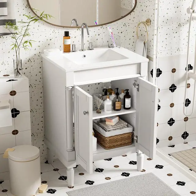 Alt view image 3 of 6 - 24 Inch White Bathroom Vanity with Ceramic Sink & Intergrated Countertop,Vintage Bathroom Vanity with 2 Doors with Silver Knobs,Adjustable Shelf,Solid Wood Rome Pillar Legs