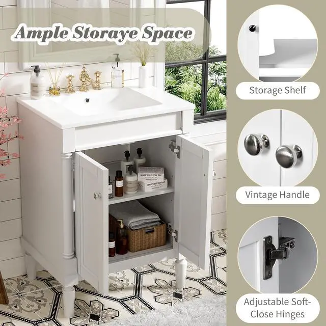 Alt view image 4 of 6 - 24 Inch White Bathroom Vanity with Ceramic Sink & Intergrated Countertop,Vintage Bathroom Vanity with 2 Doors with Silver Knobs,Adjustable Shelf,Solid Wood Rome Pillar Legs