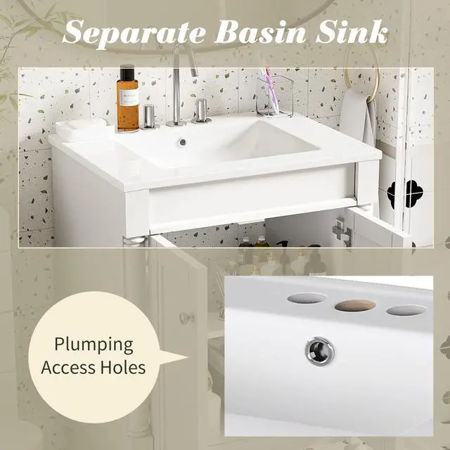 Alt view image 5 of 6 - 24 Inch White Bathroom Vanity with Ceramic Sink & Intergrated Countertop,Vintage Bathroom Vanity with 2 Doors with Silver Knobs,Adjustable Shelf,Solid Wood Rome Pillar Legs