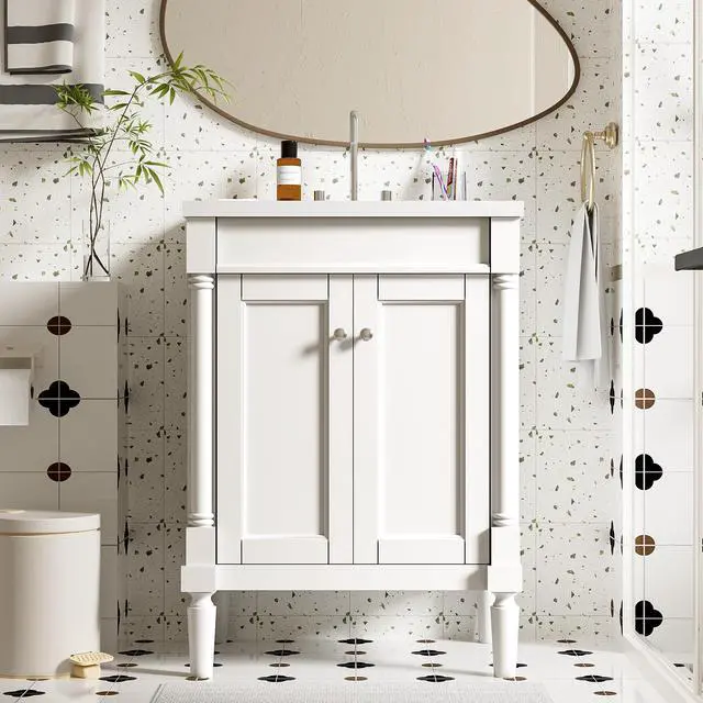 Alt view image 6 of 6 - 24 Inch White Bathroom Vanity with Ceramic Sink & Intergrated Countertop,Vintage Bathroom Vanity with 2 Doors with Silver Knobs,Adjustable Shelf,Solid Wood Rome Pillar Legs