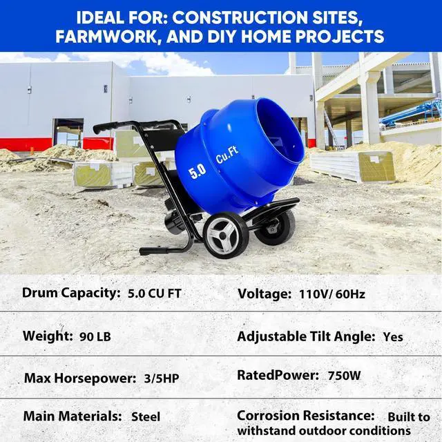 Alt view image 5 of 6 - Electric Cement Mixer, 5.3 Cu.Ft. 750W 1HP Portable Drum Concrete Mixer Machine with Wheels & Stand Steel for Stucco, Mortar, Feed Mixing, Ideal for Construction & Farm Use, Blue