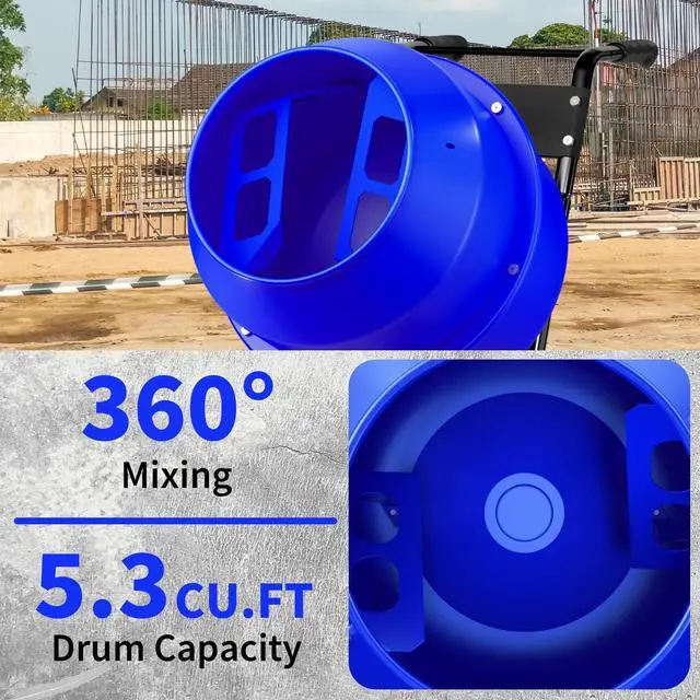 Alt view image 6 of 6 - Electric Cement Mixer, 5.3 Cu.Ft. 750W 1HP Portable Drum Concrete Mixer Machine with Wheels & Stand Steel for Stucco, Mortar, Feed Mixing, Ideal for Construction & Farm Use, Blue