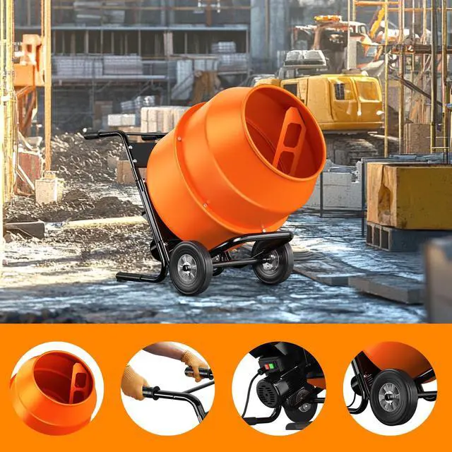 Alt view image 2 of 6 - Electric Cement Mixer, 5.3 Cu.Ft. 750W 1HP Portable Drum Concrete Mixer Machine with Wheels & Stand Steel for Stucco, Mortar, Feed Mixing, Ideal for Construction & Farm Use, Orange