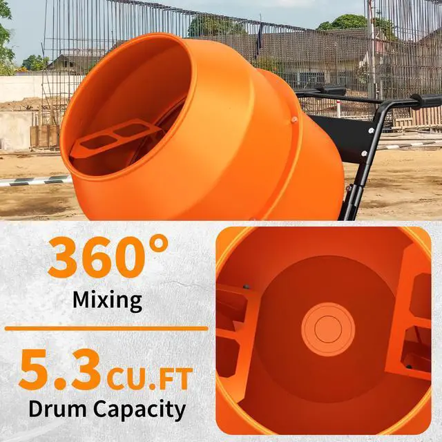 Alt view image 3 of 6 - Electric Cement Mixer, 5.3 Cu.Ft. 750W 1HP Portable Drum Concrete Mixer Machine with Wheels & Stand Steel for Stucco, Mortar, Feed Mixing, Ideal for Construction & Farm Use, Orange