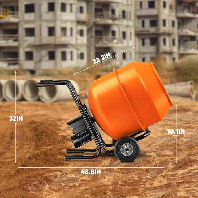 Alt view image 4 of 6 - Electric Cement Mixer, 5.3 Cu.Ft. 750W 1HP Portable Drum Concrete Mixer Machine with Wheels & Stand Steel for Stucco, Mortar, Feed Mixing, Ideal for Construction & Farm Use, Orange