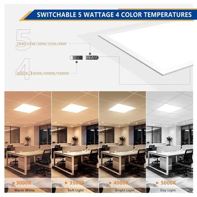 Alt view image 2 of 6 - 2x2 Backlit LED Panel Light,5 Wattage 20W/25W/30W/35W/40W-Up to 6000Lumens,4 CCT Tunable 3000K/3500K/4000K/5000K,ETL&DLC Certified for Office Commercial Drop Ceiling 4 Pack