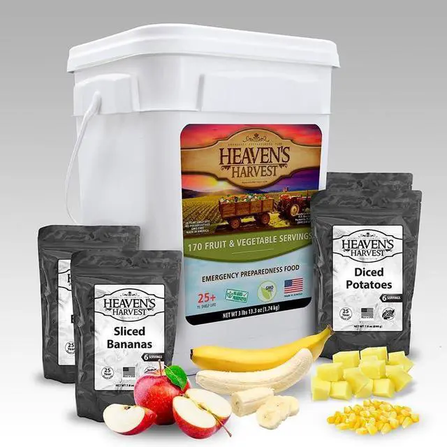 Main image of Heavens Harvest 25-Year Fruit & Veggies Family Food Kit Emergency Food Supply. Freeze Dried Survival Food Kit + Water-Proof 25-Year Storage Bucket. (170 Servings)