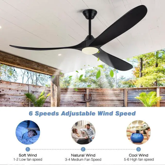 Alt view image 2 of 6 - 70 Inch Black Outdoor Ceiling Fan with Lights, Damp Rated for Patio Porch, High CFM Quiet DC Motor, 3 Solid Wood Propeller Blades, Modern Rustic Farmhouse Style, for Large Living Room Commercial Use