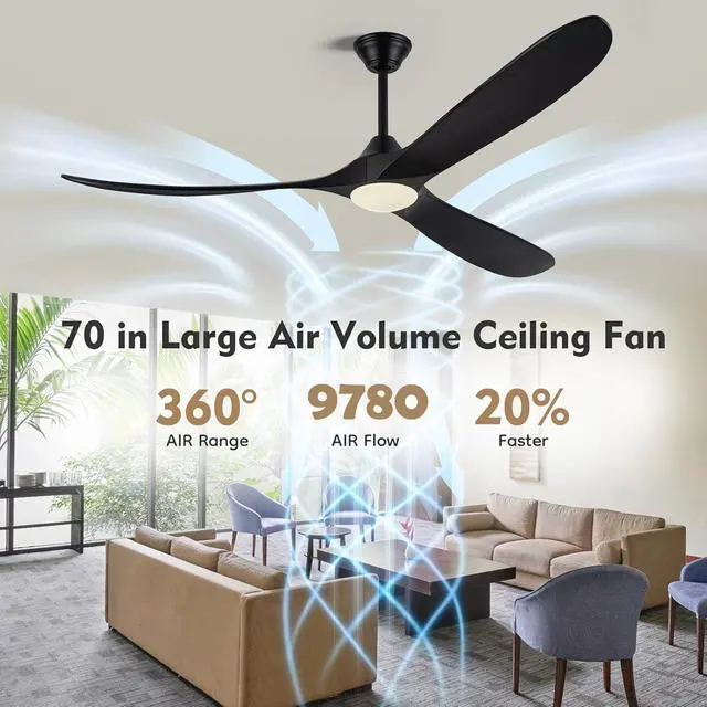 Alt view image 3 of 6 - 70 Inch Black Outdoor Ceiling Fan with Lights, Damp Rated for Patio Porch, High CFM Quiet DC Motor, 3 Solid Wood Propeller Blades, Modern Rustic Farmhouse Style, for Large Living Room Commercial Use