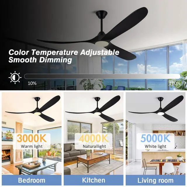 Alt view image 5 of 6 - 70 Inch Black Outdoor Ceiling Fan with Lights, Damp Rated for Patio Porch, High CFM Quiet DC Motor, 3 Solid Wood Propeller Blades, Modern Rustic Farmhouse Style, for Large Living Room Commercial Use