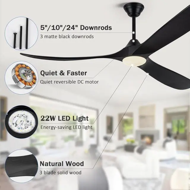 Alt view image 6 of 6 - 70 Inch Black Outdoor Ceiling Fan with Lights, Damp Rated for Patio Porch, High CFM Quiet DC Motor, 3 Solid Wood Propeller Blades, Modern Rustic Farmhouse Style, for Large Living Room Commercial Use