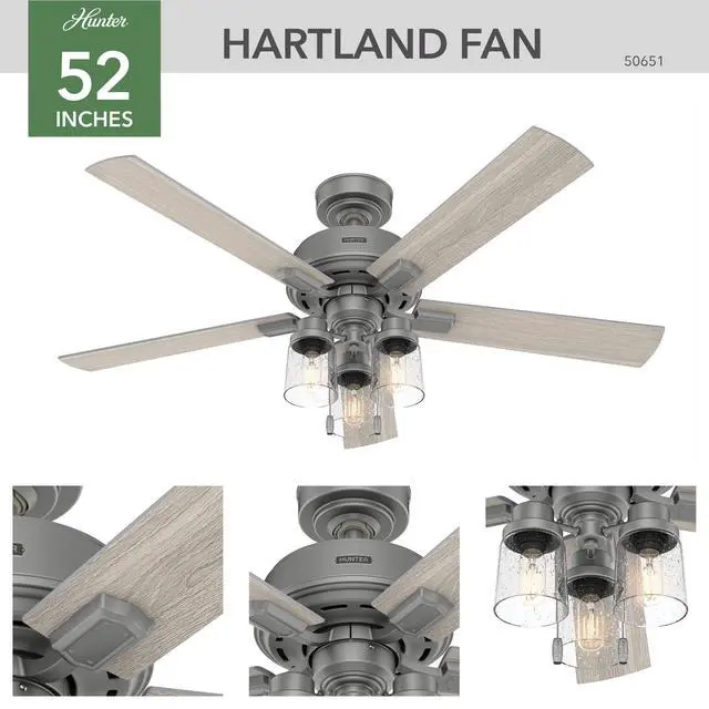 Alt view image 6 of 6 - 52 inch Indoor Ceiling Fan with LED Lights - Ceiling Fan with Pull Chain, For Bedroom, Living Room, or Kitchen, Standard Mount, No Remote, 5 Blades - Hartland 50651, Matte Silver