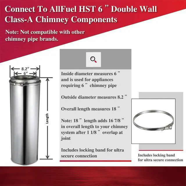 Alt view image 3 of 6 - 6" x 48" 304 Stainless Steel All Fuel Class-A Double Wall Insulated Chimney Pipe