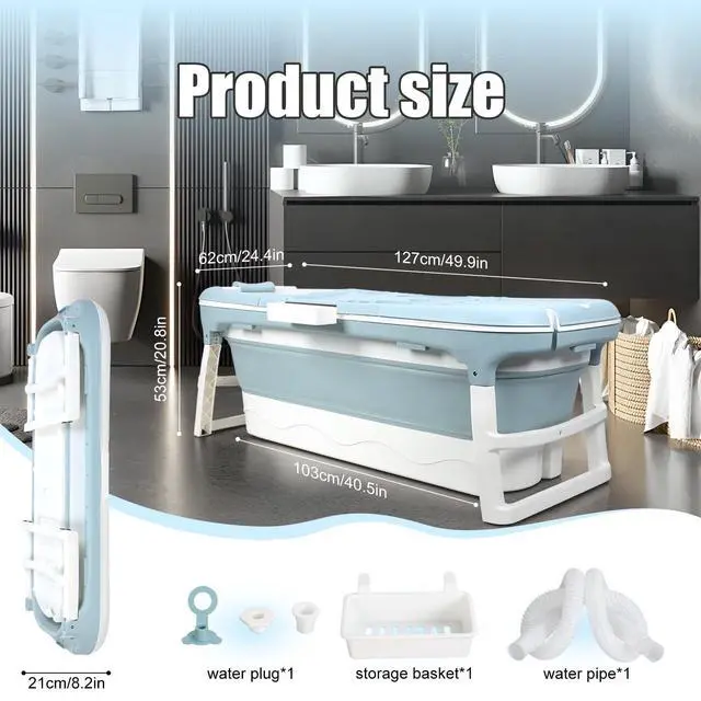 Alt view image 2 of 6 - Collapsible Bathtub 58/56/50/46 Inch, Large Portable Bathtub, Freestanding Foldable Tub for Adults, Folding Tub for Shower, Hot Bath, Ice Bath A-blue-130cm