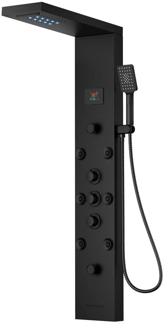 Main image of Black Shower Panel Tower System Stainless Steel LED Rainfall Waterfall Shower Head 5-Function Faucet Rain Massage System Wall Mount with 8 Body Jets, Handheld, and Tub Spout