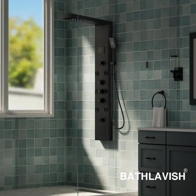 Alt view image 2 of 6 - Black Shower Panel Tower System Stainless Steel LED Rainfall Waterfall Shower Head 5-Function Faucet Rain Massage System Wall Mount with 8 Body Jets, Handheld, and Tub Spout