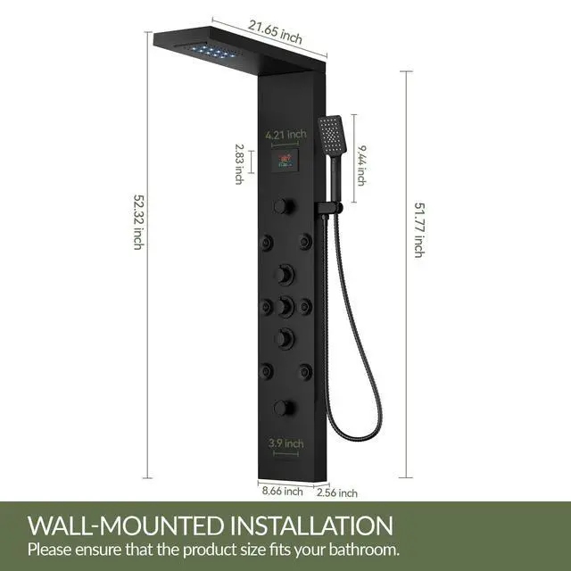 Alt view image 3 of 6 - Black Shower Panel Tower System Stainless Steel LED Rainfall Waterfall Shower Head 5-Function Faucet Rain Massage System Wall Mount with 8 Body Jets, Handheld, and Tub Spout
