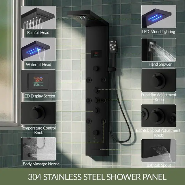 Alt view image 4 of 6 - Black Shower Panel Tower System Stainless Steel LED Rainfall Waterfall Shower Head 5-Function Faucet Rain Massage System Wall Mount with 8 Body Jets, Handheld, and Tub Spout