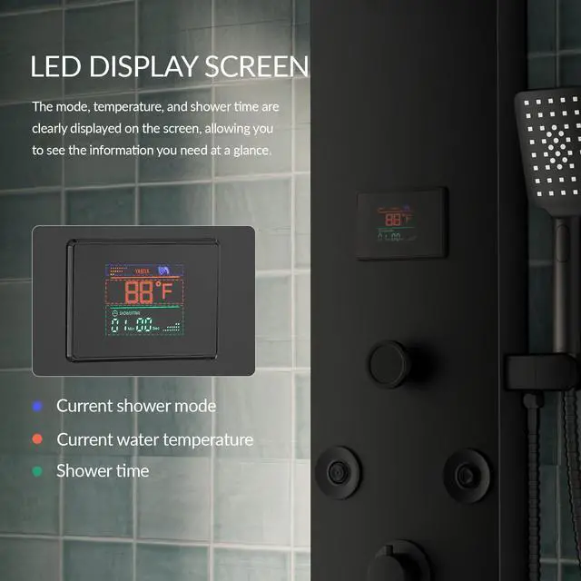 Alt view image 5 of 6 - Black Shower Panel Tower System Stainless Steel LED Rainfall Waterfall Shower Head 5-Function Faucet Rain Massage System Wall Mount with 8 Body Jets, Handheld, and Tub Spout