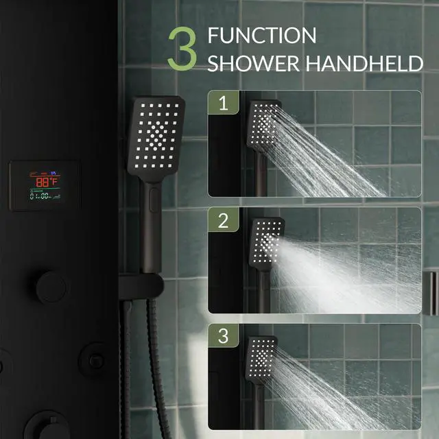 Alt view image 6 of 6 - Black Shower Panel Tower System Stainless Steel LED Rainfall Waterfall Shower Head 5-Function Faucet Rain Massage System Wall Mount with 8 Body Jets, Handheld, and Tub Spout
