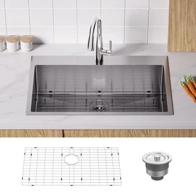 Alt view image 2 of 6 - 30 Inch Top mount Kitchen Sink Drop-in, Farmhouse Kitchen Sink with Sink Protector 18 Gauge, Workstation Sink, 304 Stainless Steel Single Bowl for RV, Travel Trailer, Garage, 30x22x9