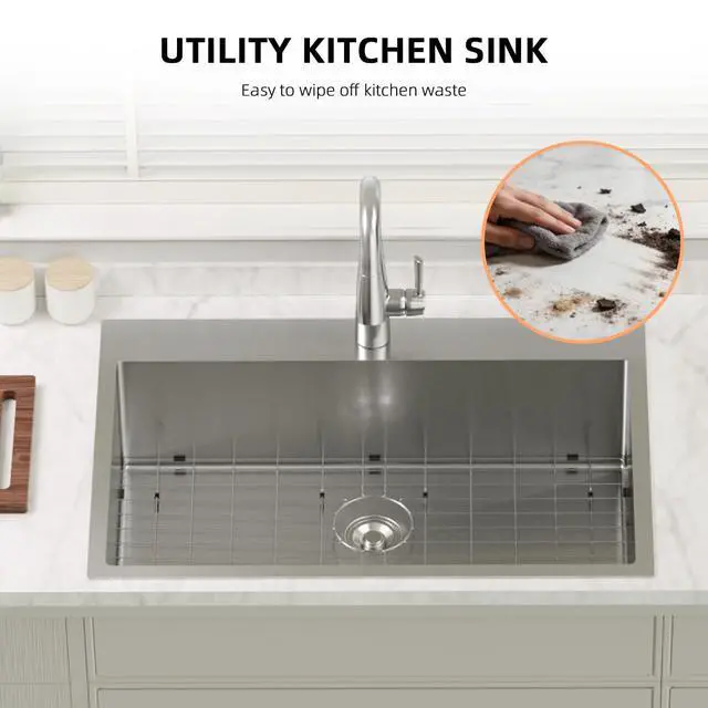 Alt view image 5 of 6 - 30 Inch Top mount Kitchen Sink Drop-in, Farmhouse Kitchen Sink with Sink Protector 18 Gauge, Workstation Sink, 304 Stainless Steel Single Bowl for RV, Travel Trailer, Garage, 30x22x9