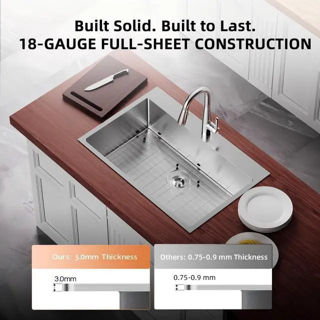 Alt view image 6 of 6 - 30 Inch Top mount Kitchen Sink Drop-in, Farmhouse Kitchen Sink with Sink Protector 18 Gauge, Workstation Sink, 304 Stainless Steel Single Bowl for RV, Travel Trailer, Garage, 30x22x9