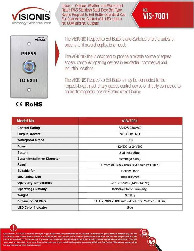 Alt view image 6 of 6 - 10 Pack FPC-7500 VIS-7001 Indoor Outdoor Weather Waterproof IP65 Stainless Steel Door Bell Type Round Request To Exit Button Standard Size Door Access Control with LED Light NC COM NO Outputs