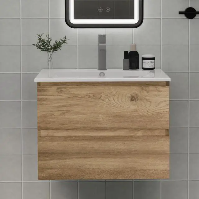 Main image of Wall-Mounted Bathroom Vanity with Sink and 2 Soft-Close Drawers Moisture-Resistant MDF, Space-Saving Design for Modern Bathrooms (Nature with Sink, 24)