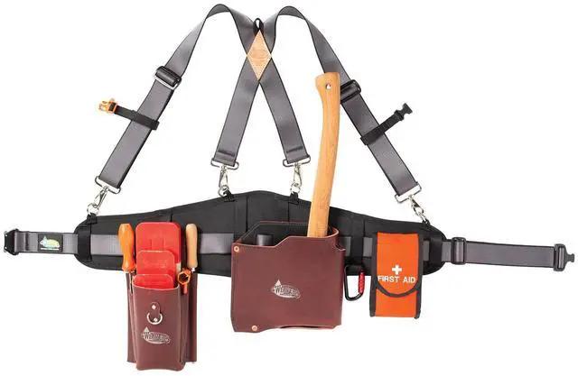 Main image of Leather Tool Belt with Suspenders Kit, Logging & Gardening Utility Belt with First Aid and Accessory Pouches for Arborists, Landscapers & Forestry Work, Waist 30-52